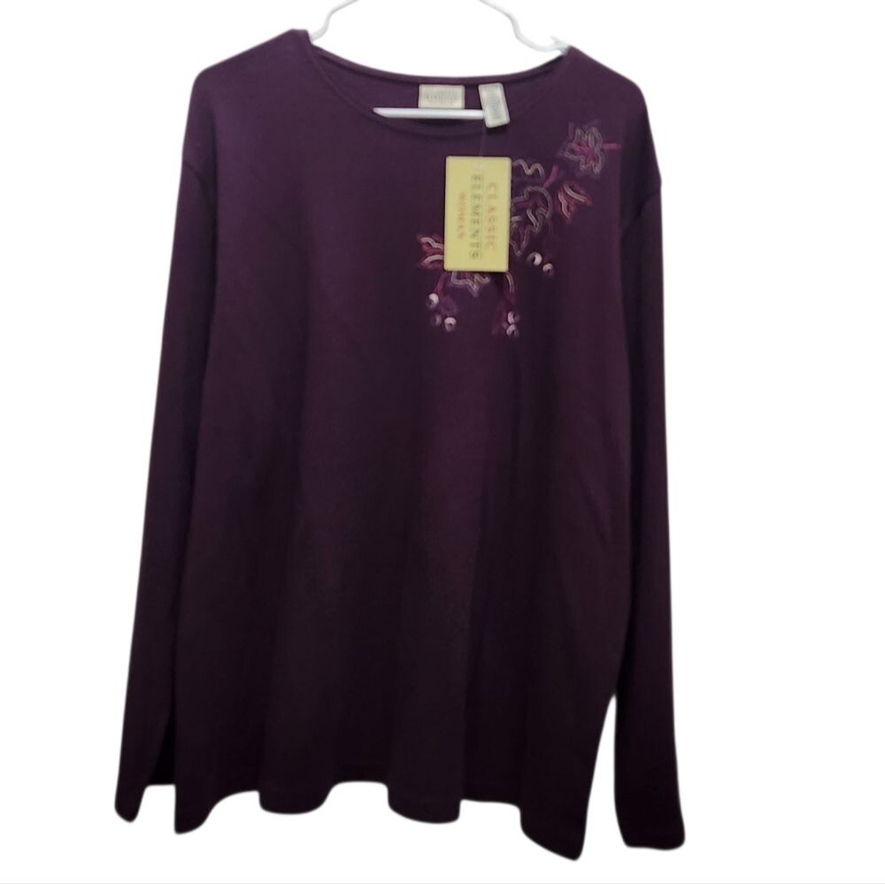 Classic Elements Plus 20/22W Purple Long Sleeve Top Embroidered Leaves Acorns